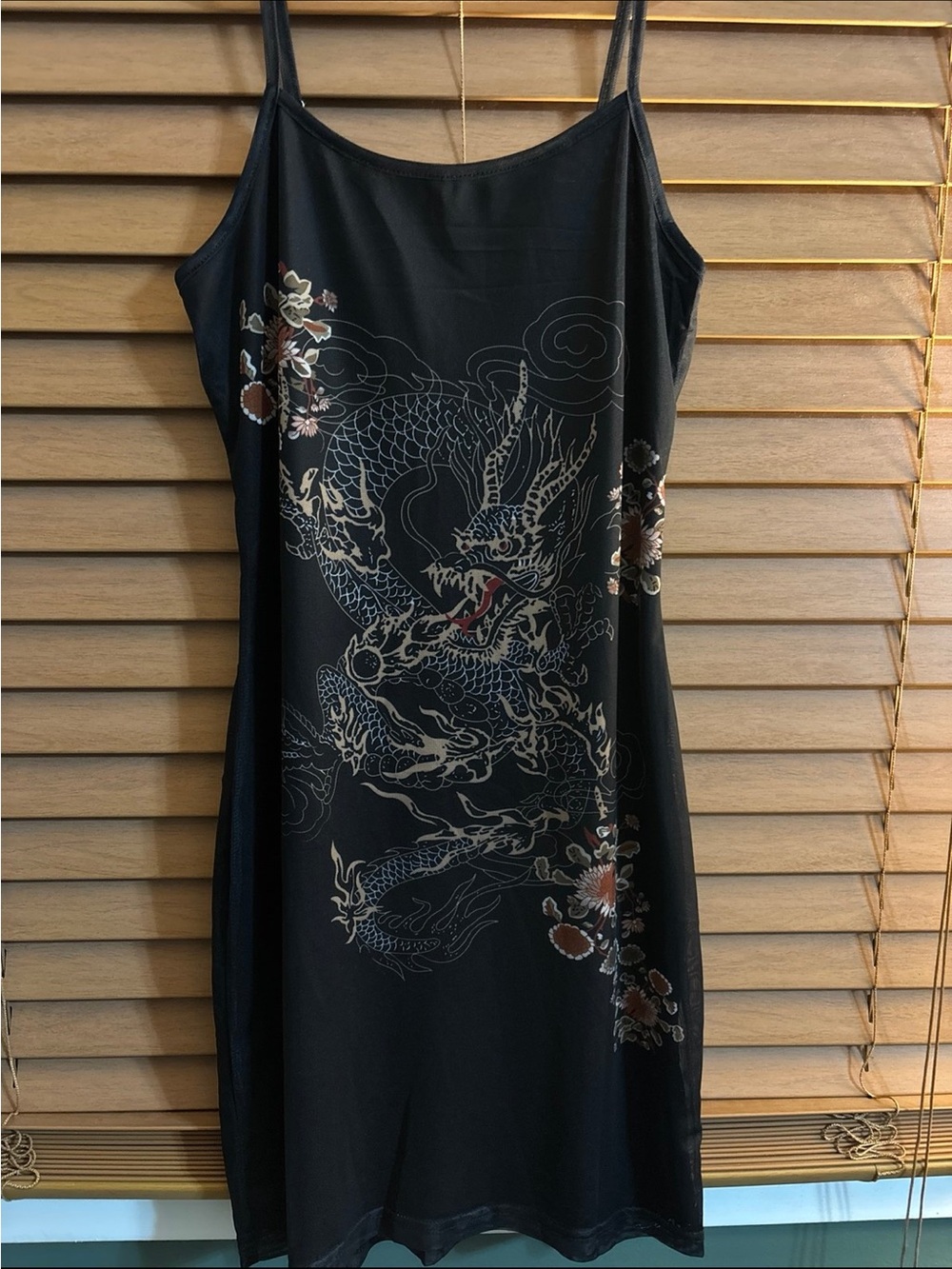 SHEIN Black Dragon Print Slip Dress with Floral Accents